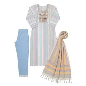 Luxiro Lifestyle Women Cotton 3 Piece Kurti Set with Pant & Dupatta | Embroidered Neck Multicolor Striped Kurti Set