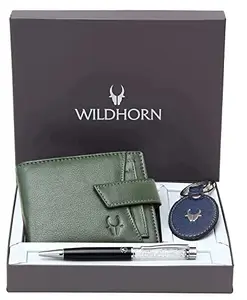 WildHorn Green Leather Men's Wallet, Keychain and Pen Combo Set (GIFTBOX 152)