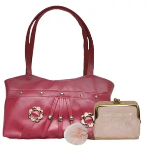 Women's Stylish Handbag and Mini Wallet Combo - Golden Bezel Design (Large, Small, Pack of 2)