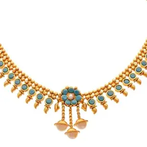 JFL - Traditional Ethnic One Gram Gold Plated Turquoise Blue Design Necklace Set studded with Pearls for Women & Girls,