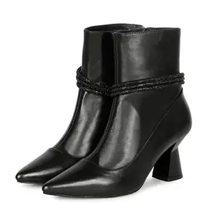 SaintG Womens Black Leather Zipper Pointed Toe Heel Boots
