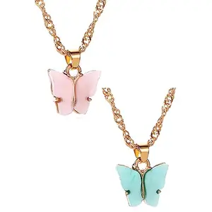 Vembley Combo of 2 Gold Plated Pink and Blue Mariposa Pendant