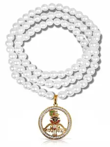 Uniqon Unisex Round Diamond Nug Studded Hindu God Lord Jai Shri Baba Khatu Shyam/Barbarika Ji Head/Face Teen Baan Dhanush Design Locket Pendant Necklace With White Pearl Beads Moti Mala