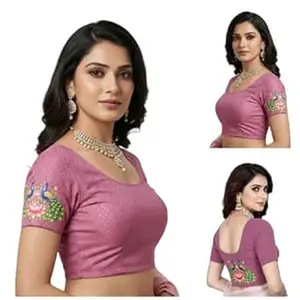PAARTH ENTERPRISE PAARTH ENTREPRISE Women Cotton Blend Round Neck Short Sleeve Readymade Saree Blouse