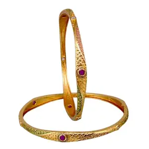 LUCKY JEWELLERY 18k One Gram Gold Plated Meenakari 1 Pair Bangles for Women & Girls | Traditional Indian Designer Kada Bracelet Bangle Set|Elegant Wedding & Casual Wear- Pack of 2 (430-R1BG-1214-2-24)