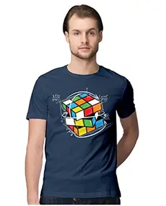 ALLEN BLACK Men's Regular Fit T-Shirt Rubik's Cube Hand Drawn Illustration 100% Cotton T-Shirt Navy Blue_CUBDRRUNM-Navy Blue S Men Round_