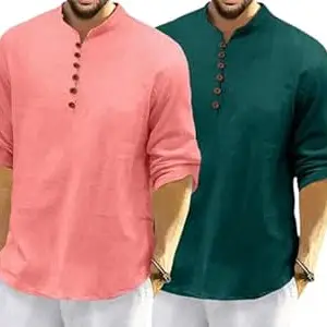 FINIVO FASHION Combo of Men’s Casual Full Sleeve Kurta Style Shirt with Button Placket, Lightweight Breathable Fabric, Regular Fit Ethnic Fusion Wear for Daily & Festive Use Pack of 2