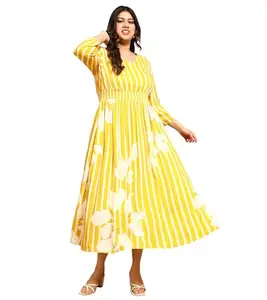 DEEBACO Striped Viscose Rayon Gathered A-Line Plus Size Dress for Women's|3/4 Sleeves V-Neck Fit & Flare Maxi Length|Summer Western Party Casual Wear Dress for Ladies (DBDRP00002151_6XL_Yellow)