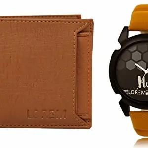 LOREM Tan Color Faux Leather Wallet & Black Analog Watch Combo for Men | WL03-LR32