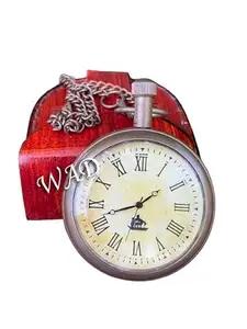 Antique Brass Pocket Watch with Chain and Leather Case Nautical Roman Number Dial Best for Gift