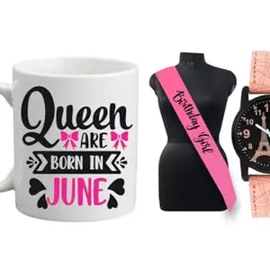 Relish Pink Strap Analogue Watch & Queen are Born in June Printed Ceramic Coffee Mug with Birthday Girl Sash (Pack of 3),