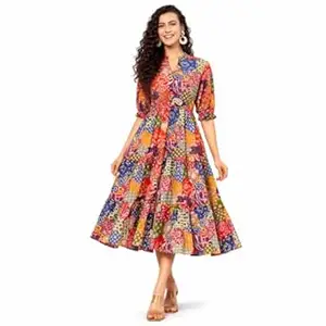 PIDAVLIYA'S Women Cotton Printed Midi Dress with V Neck & Puff Sleeves | Flared A-Line Casual Summer Dress | Stylish Knee Length One Piece for Daily