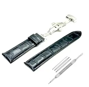 Lineon 22mm Half Padded Premium Leather Mens Watch Strap with ButterFly Lock For Branded Watches Tool and Pins Include