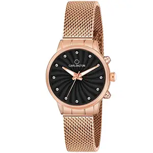 Carlington Metal Analog Dial Women & Girl'S Watch(Black Dial Rose Gold Colored Strap), Gold Band