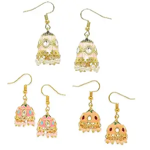 fabula OOMPHelicious Jewellery Combo of 3 Peach Pink Meenakari Kundan & Pearls Jhumka Earrings For Women & Girls Stylish Latest (EHC90-168-172_CC1)