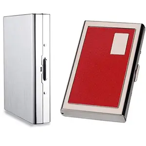 Stealodeal 6 Slot Red Leather with 8 Slot Silver Debit/Credit (Unisex) Card Holder (Combo of 2)