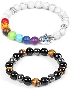 Karishma Kreations Couple Bracelet Combo for Women Men 7Chakra Howlite Tiger Evil Eye Crystal Healing Lava Beads Bracelets Combo Strechable Adjustable Jewellery Birthday Gift Anniversary Mens Bracelet