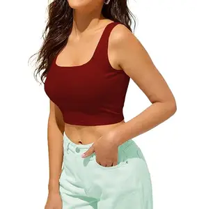 THE BLAZZE Women's Lycra Stretchable Sleeveless with Square Neck Basic Solid Regular Fit Latest Crop Top/Camisole for Women L378 1044 (2XL, MRN)