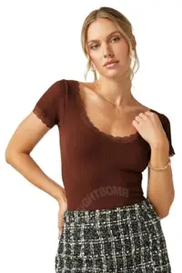 SIGHTBOMB Lace Neck Embroidered Scoop Neck Half Sleeve Ribbed Tops For Women (Medium, Chocolate, Slim Fit)