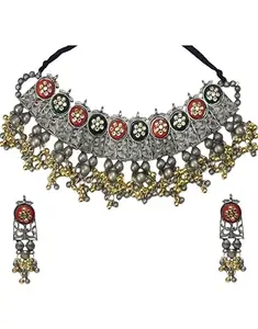 Latest Boho Trible Silver Oxidised Choker Necklace Jewellery Set for Women