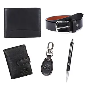 Leather Junction 5 in 1 Black Leather Wallet, Belt, Cardholder, Keyring & Pen Combo Set for Men (114150063072KH60)