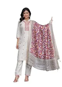 V.K.CRAFT Women's Cotton Embroidered Straight Kurti With Pant and Dupatta Set