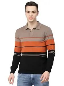 Kalt Men Full Sleeve Multi Color self Design Striped Cotton Blend Polo t-Shirt with Collar Stylish(Rust Black;XXL)