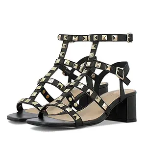 SaintG Womans Black Leather Metal Studded Block Heels