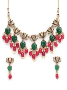 Karatcart Gold Plated Pink Beads Green Carved Stone Lotus Design Choker Necklace Set for Women