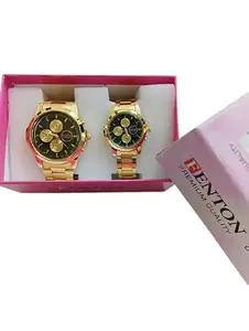 Couples Matching Watches Set, Gold-Tone Stainless Steel, Black Dial with Chronograph Design, 2 Pieces