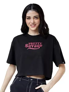The Souled Store|Pretty Savage Women and Girls T-Shirts|Half Sleeve|Loose Fit Graphic Printed|Round Neck 100% Cotton Black Women Oversized Cropped T-Shirts