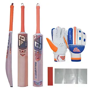 BHAJJI Kashmiri Willow Cricket BAT Elite Size-5, Batting Gloves 202 Boys and BAT Care KIT Including Fibre Tape Along with Toe Guard