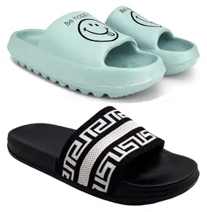 Pampy Angel Combo Pack of 2 Slipper/Flip Flops/Slides for Women,(YW-Smil-Green,Fly-RR-Black),39 (Euro)