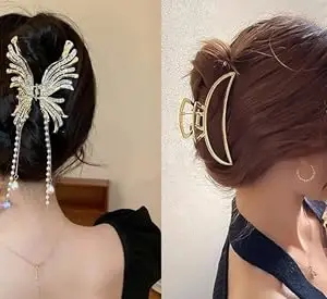 RHOSYN HAIR ACCESSORIES Metal Hair Barrettes Pack-2 Trendy Cute Shape Golden Color Juda Bun Claw Clips Clutchers Styling Accessories for Thick Thin Long Curly Hairs