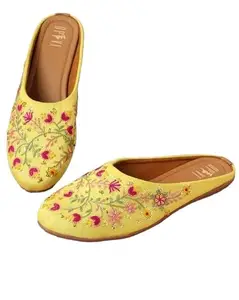 OPIVE FASHION HUB OPIVE Fashion Women's Floral Embroidered Ballet Flats | Traditional Canvas Slip-On Juttis with PVC Sole for Womens and Girls | (Yellow - 41)