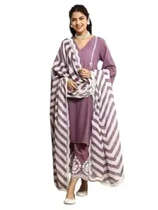 samikshafashion Women's Cotton Embroidered Straight Kurta & Pant With Dupatta Set (Purple)