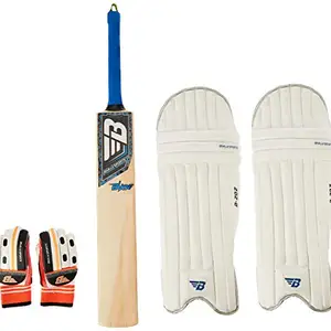 BHAJJI Kashmiri Willow Cricket BAT Blade Size-5 with BHAJJI Batting PAD 202 Boys and Batting Gloves 202 Boys