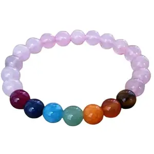 RRJEWELZ Natural 7 Chakra Stone & Pink Rose Quartz Round Shape Smooth Cut 8mm Beads 7.5 inch Stretchable Bracelet for Healing, Meditation, Prosperity, Good Luck | STBR_00090