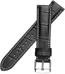 Ewatchaccessories 24mm Genuine Leather Watch Band Strap Fits Emergency, fit: Super Avenger, Aerospace, Superocean Black With White Stich Silver Buckle