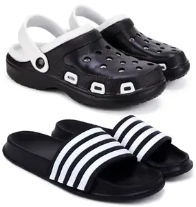 Pampy Angel Combo Pack of 2 Slipper/Flip Flops/Slides/Clogs/Sandals with Adjustable Back Strap for Men,(Cl-Shell-Black,4Line-Black),7 (UK/India)