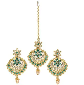 ACCESSHER Gold Plated Ethnic Emerald Maang tika with Earrings set embellished with Kundan for women and girls | Gifting for karwachauth | (Green)