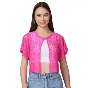 DRESSITUDE Women's Self-Designed Flared Sleeves Button Closure Cotton Lace Long Shrug, Magenta (3XL)