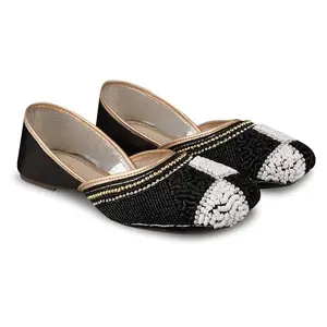 JM LOOKS Women's Slip On Traditional Handmade Bridal Mojari Punjabi Jutti Ethnic Ballet Flats - Black