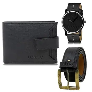 LOREM Watch-Artificial Leather Belt & Wallet Combo for Men (Fz-Lr67-Wl08-Bl01)
