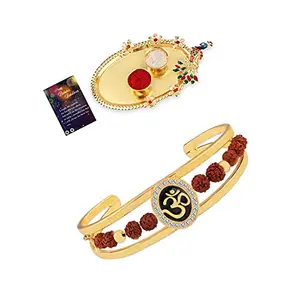 Gold Plated "OM" Kada Rakhi For Bhaiya With Kankawati Pooja Thali Roli Chawal And Greeting Card -1007