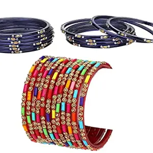 Colorful Glass Bangles/Kada Set Combo Ornamented With Colourful Chips & Beads_D1002 (AkBang2-JI1.b_bang)