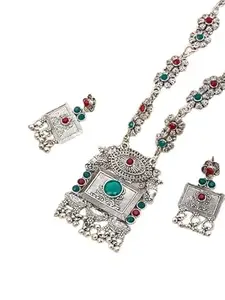 Green and Maroon Square Long Necklace - Elegant Traditional Statement Jewelry