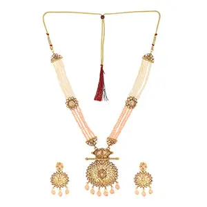 Artificial Imitation Gold Jewellery Antique Traditional Stylish Ethnic Wear Gold Plated Pearl Stone Long Rani Haar Necklace set Earring(NJBBNSI32)(ContemporaryPeach)