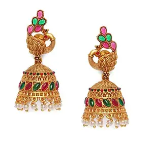 AccessHer Matte Gold Plated Ruby Green Studded Dome Shaped Jhumki Earrings For Women & Girls | Gifting for Karwachauth | (Multi1)