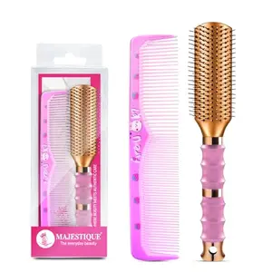 Majestique Premium Flat Hair Brush with Comb | Perfect Detangling Combo, Reduces Hair Breakage | Ideal for All Hair Types | Compact & Stylish Design for Women & Kids - 2Pcs